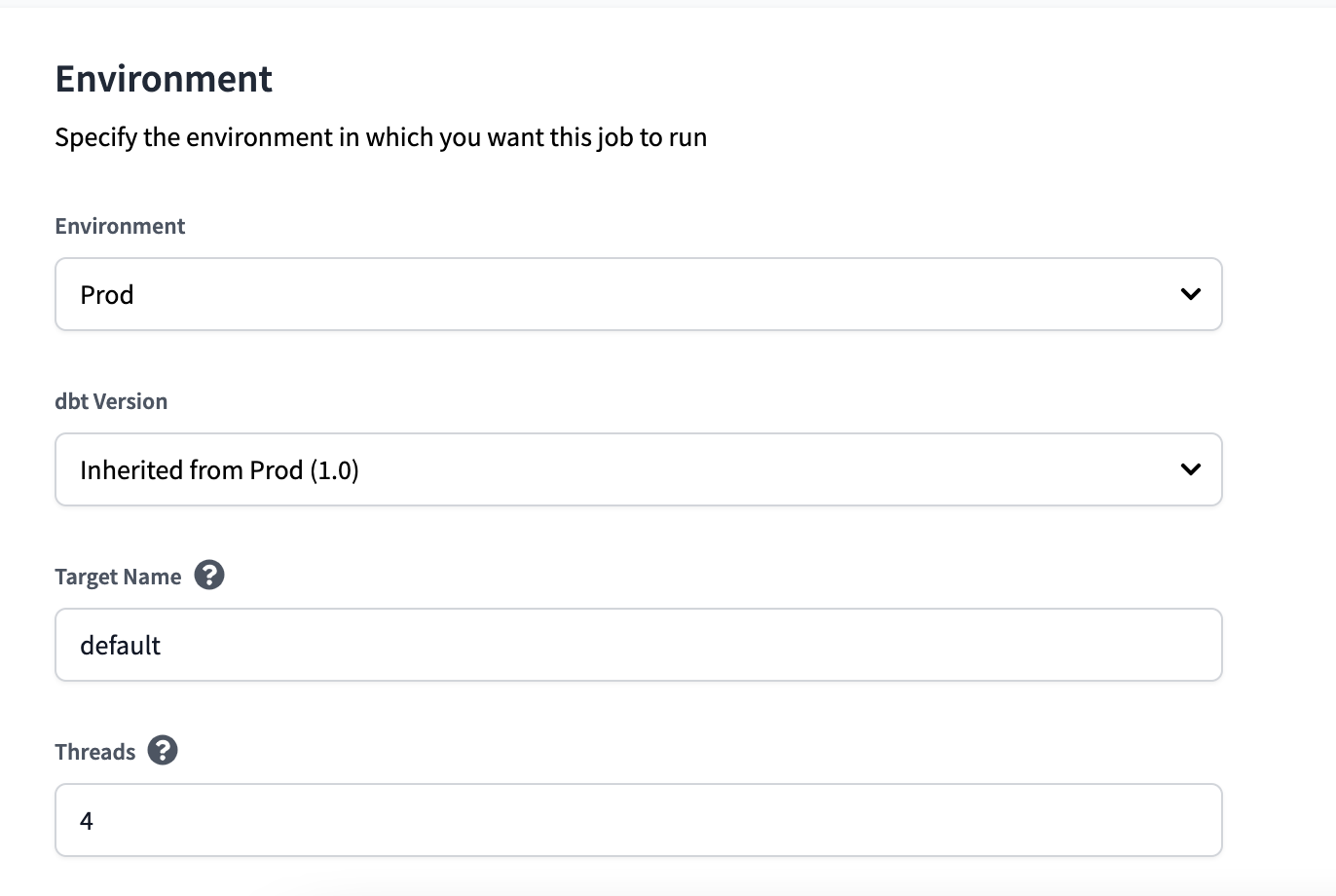 Settings of a dbt Cloud job